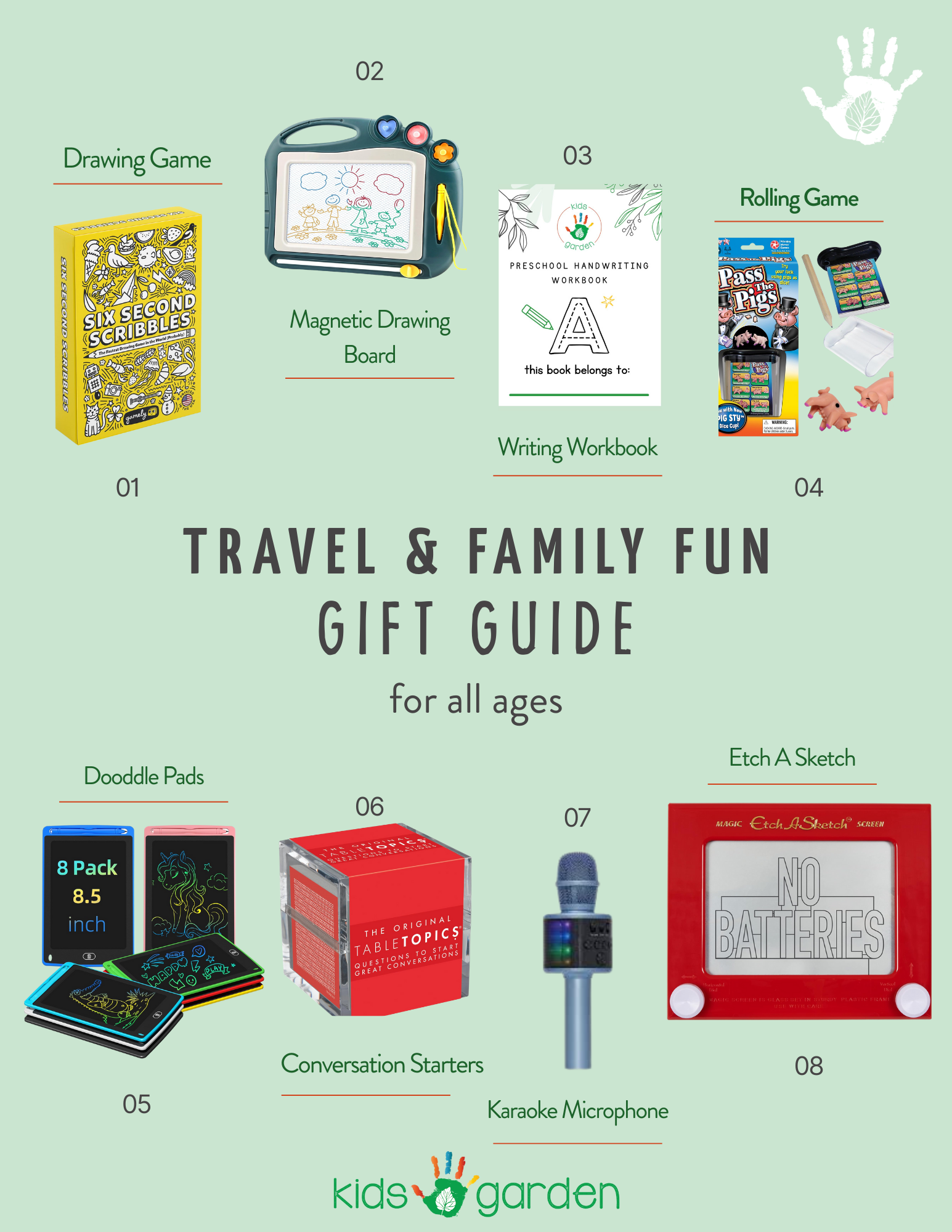 An image of mulitple gifts in Kids Garden Houston travel & family fun gift guide.